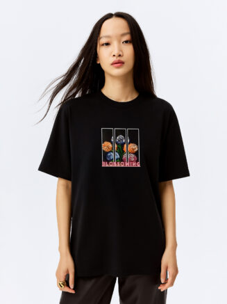 GrphX Oversized Cotton T-Shirt - Blossoming Botanical Print Oversized T-Shirt – Black | 100% Cotton