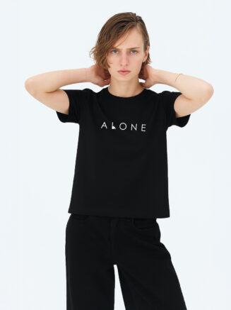 Women's Black Cotton T-Shirt – “ALONE” Minimalist Graphic Print | Relaxed Fit