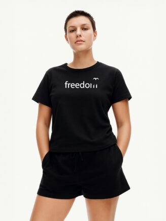 Women's Black Cotton T-Shirt – “freedom” Minimalist Graphic Print | Casual Fit