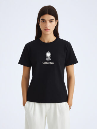 Women's Black Cotton T-Shirt – “Little Zen” Graphic Print | Calm & Comfy Fit