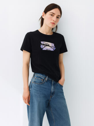 Women's Black Cotton T-Shirt – “ECHO” Train Graphic Print | Soft Regular Fit