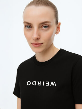 Women's Black Cotton T-Shirt – Upside Down “WEIRDO” Graphic | Bold & Playful Fit