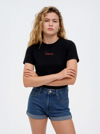 Women's Black Cotton T-Shirt – Minimal “love” Script Embroidery | Classic Slim Fit