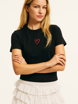 Women's Black Cotton T-Shirt – Red Heart Embroidery | Minimal Romantic Style