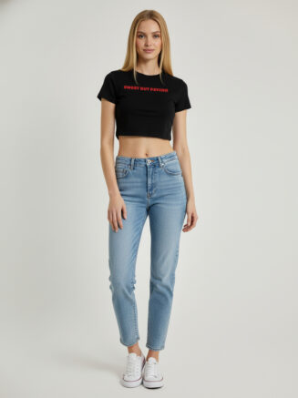 Women's Sweet but Psycho Printed Black Short Sleeve Cotton Crop Top – Casual & Comfortable Fit